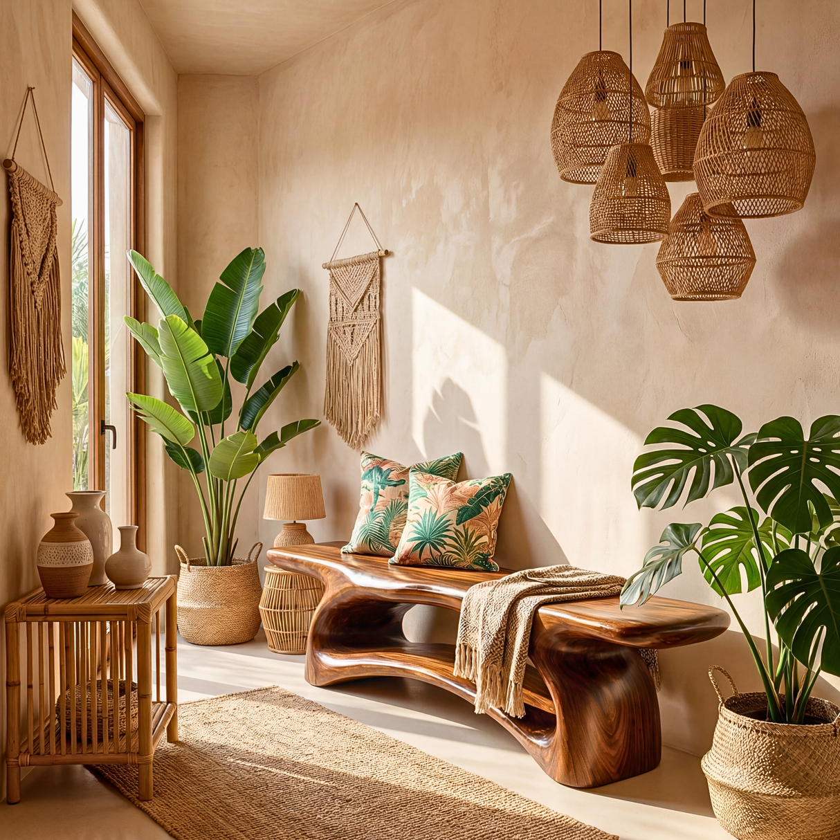 Natural Solid Wood Entryway Bench with Sculptural Open Base Design
