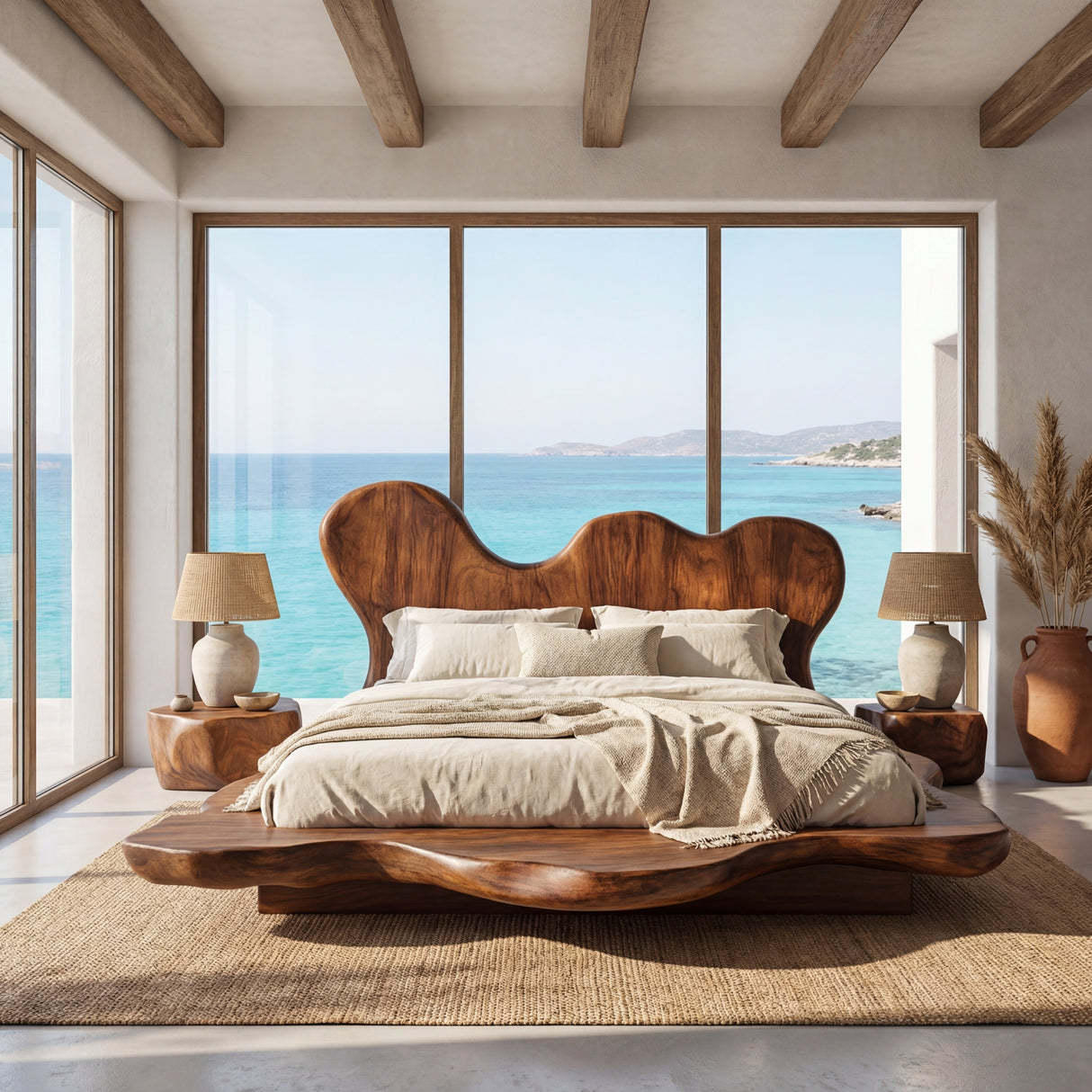 Solid Wood Platform Bed with Sculptural Wavy Headboard for Bedroom