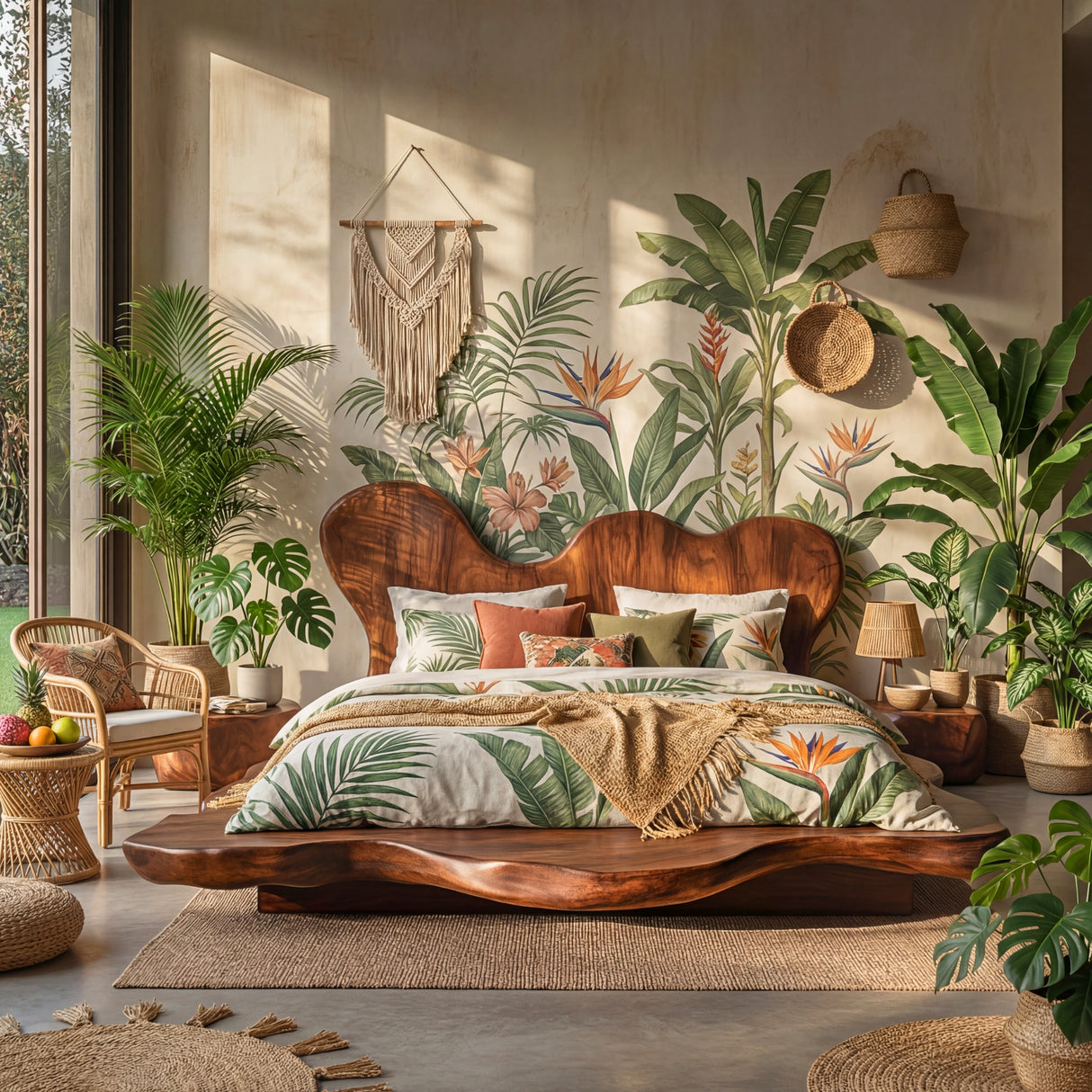 Solid Wood Platform Bed with Sculptural Wavy Headboard for Bedroom