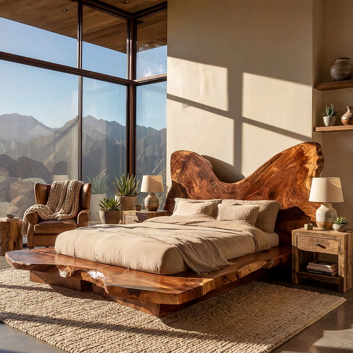Organic Edge Solid Wood Bed with Sculpted Natural Headboard