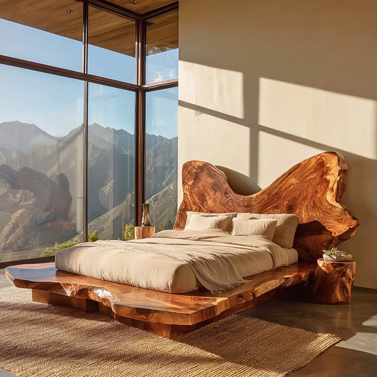Organic Edge Solid Wood Bed with Sculpted Natural Headboard