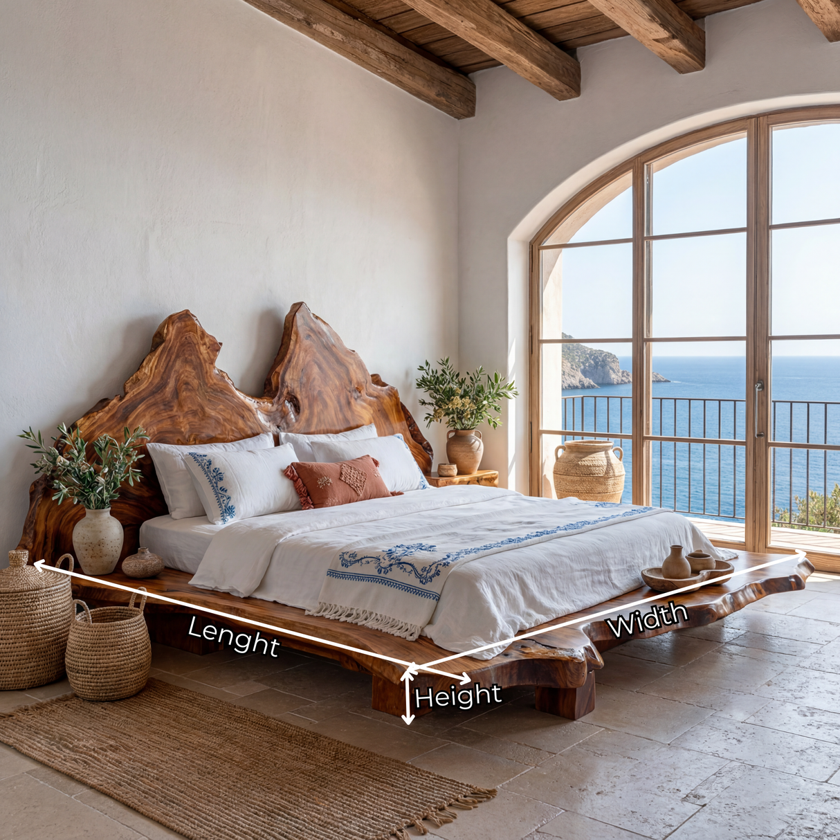 Handcrafted Solid Wood Platform Bed with Live Edge Headboard for Bedroom