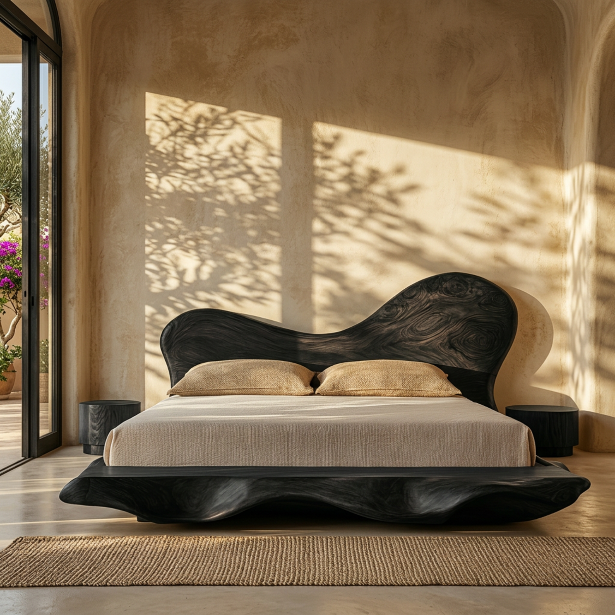Organic Solid Wood Bed with Asymmetrical Curved Headboard for Bedroom