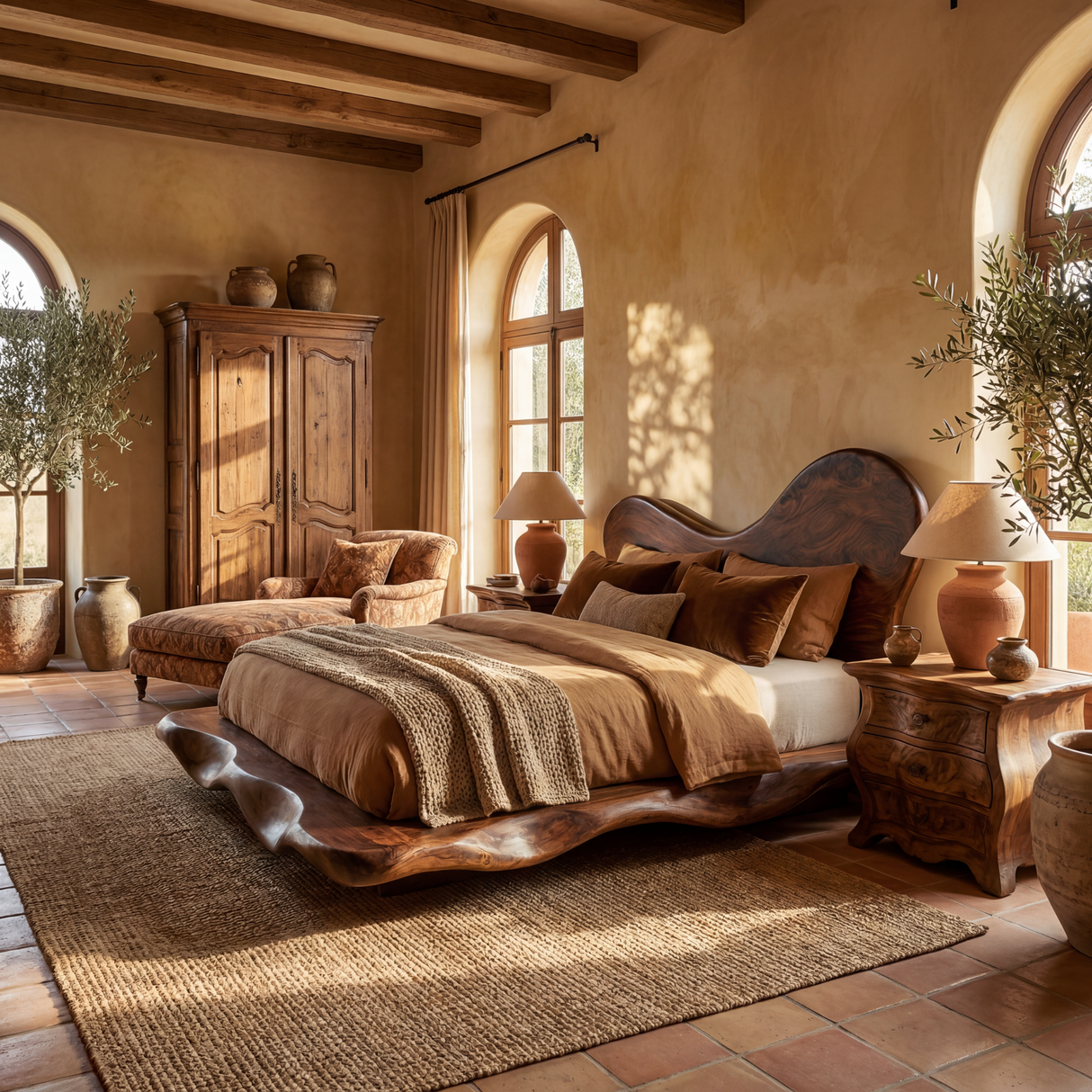 Organic Solid Wood Bed with Asymmetrical Curved Headboard for Bedroom