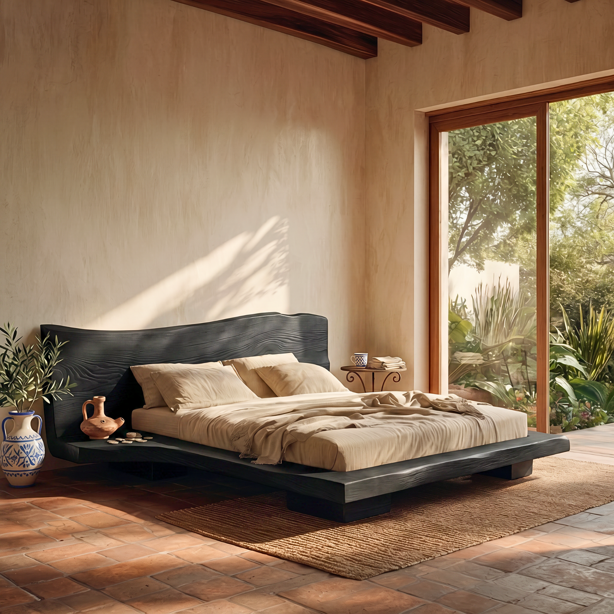 Solid Wood Platform Bed with Gently Curved Headboard for Bedroom