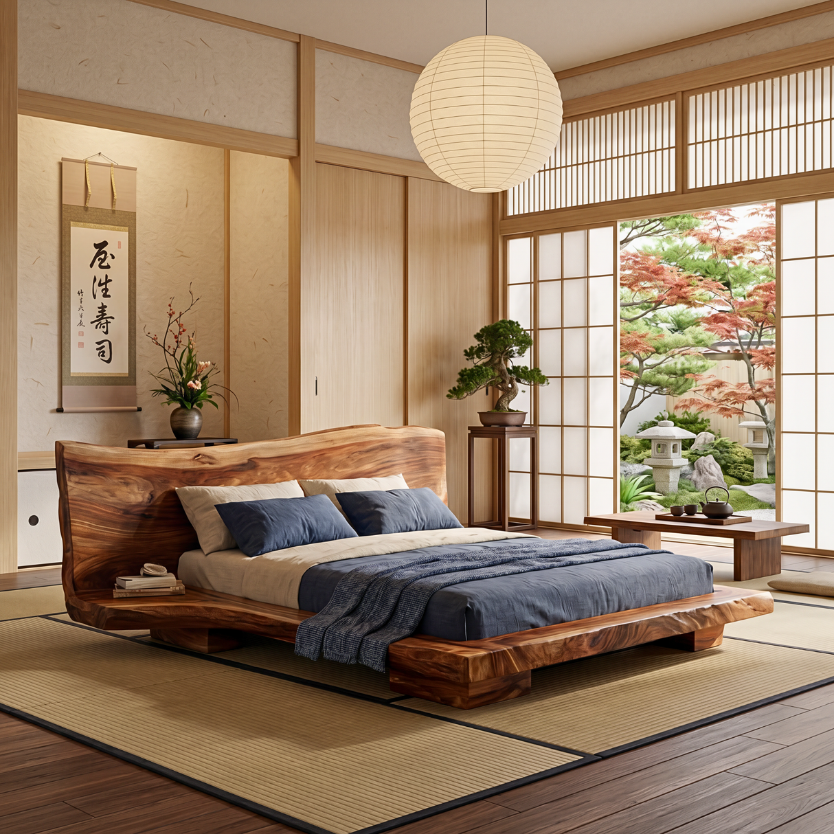 Solid Wood Platform Bed with Gently Curved Headboard for Bedroom