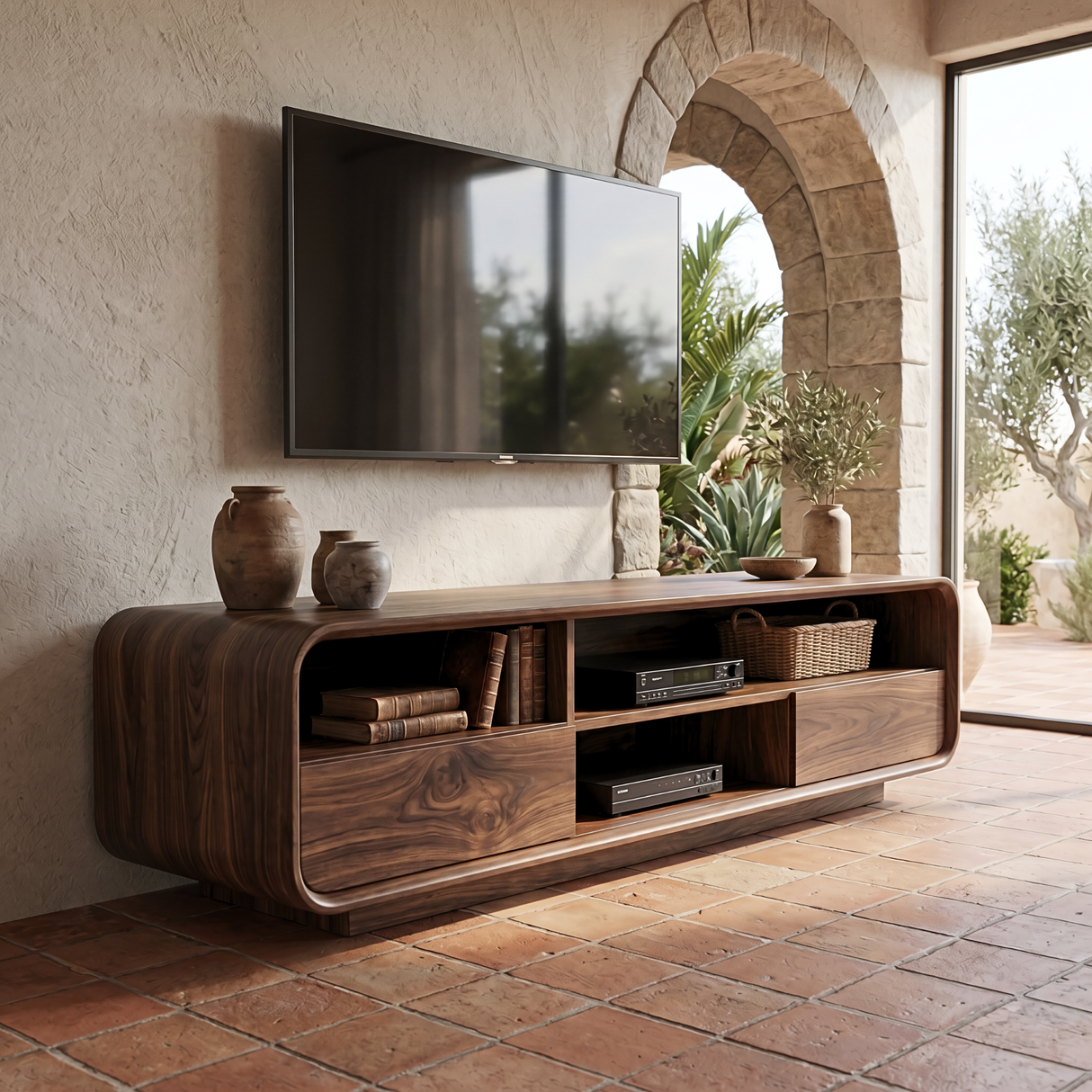 Solid Wood TV Stand with Rounded Frame and Open Media Storage