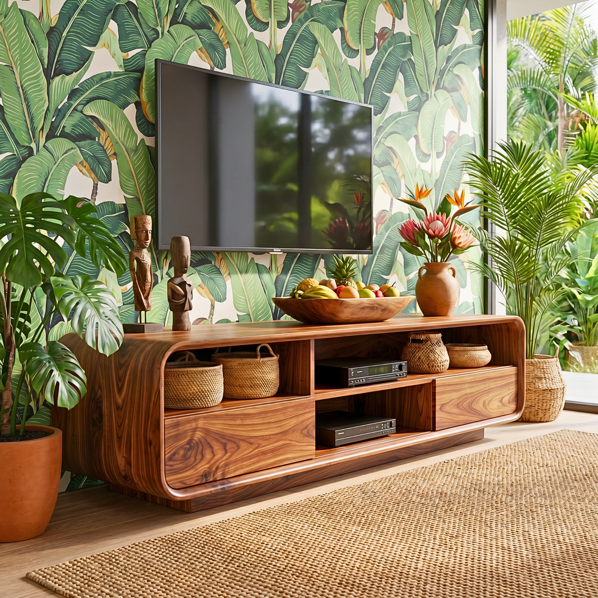 Solid Wood TV Stand with Rounded Frame and Open Media Storage