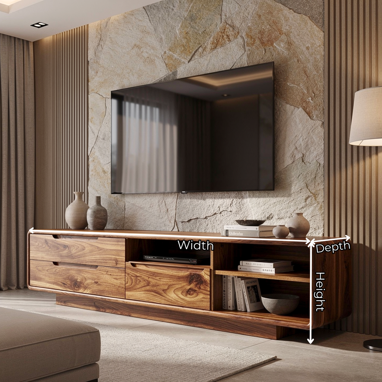 TV Cabinet Solid Wood with Rounded Frame and Mixed Storage for Living Room
