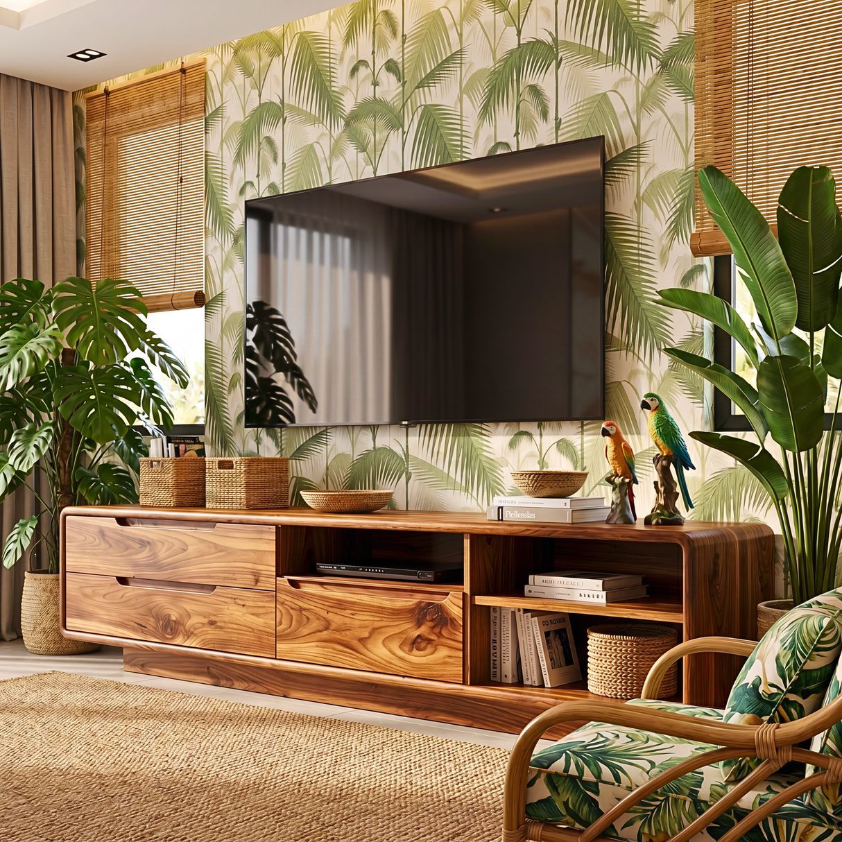 TV Cabinet Solid Wood with Rounded Frame and Mixed Storage for Living Room