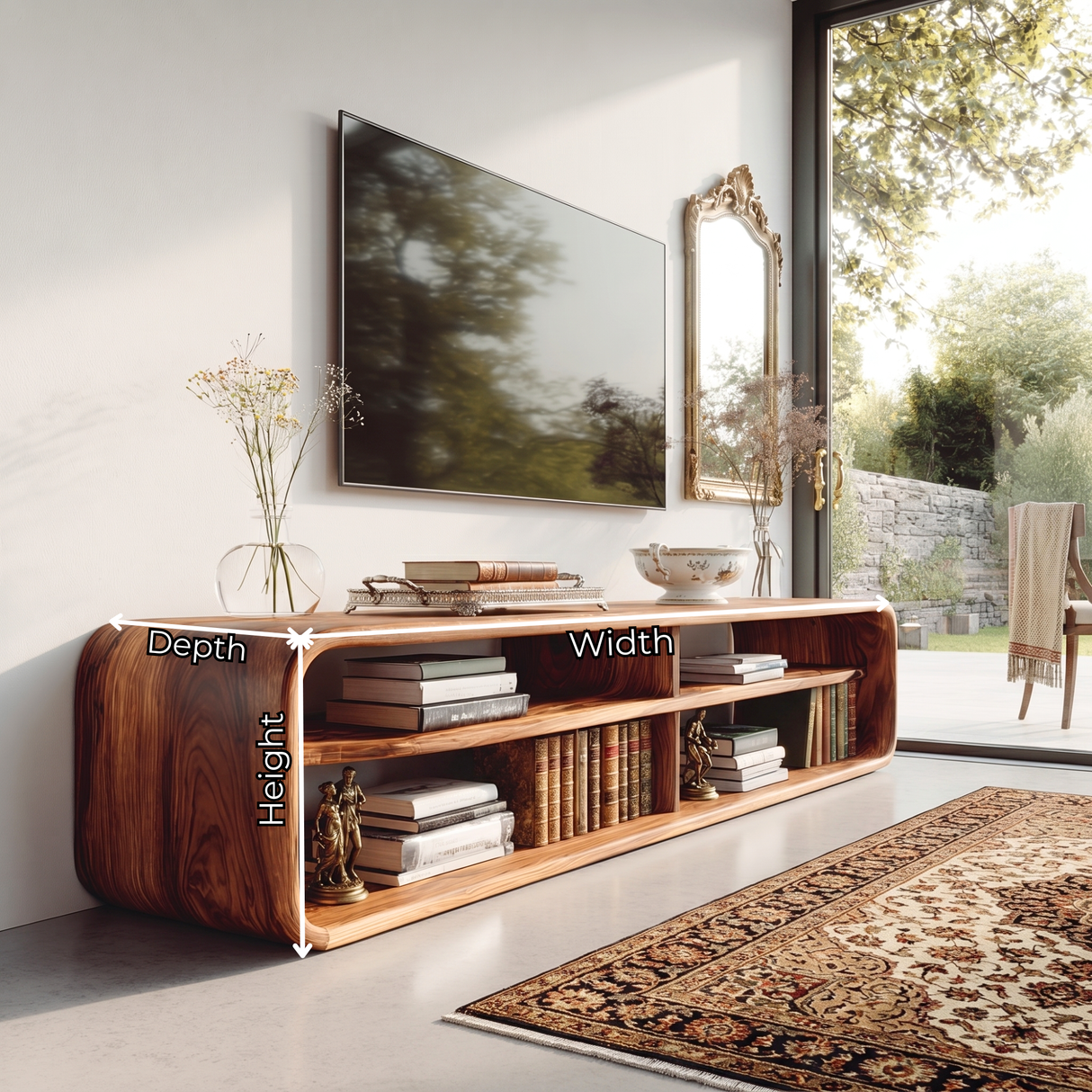 Sculptural Solid Wood TV Console with Open Shelling for Living Room