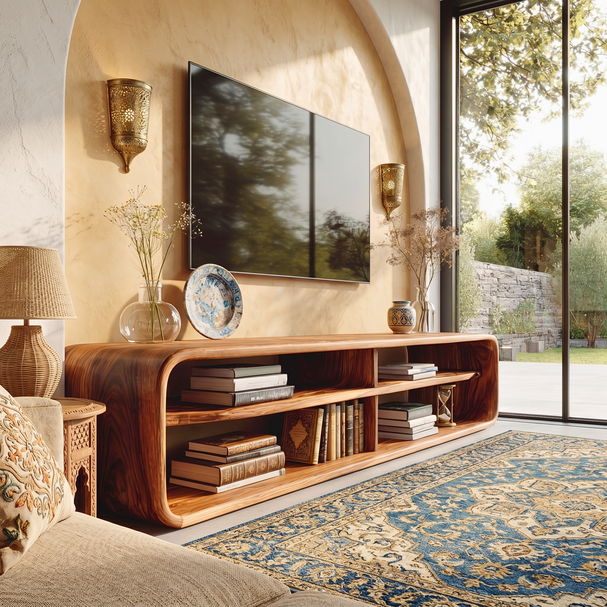 Sculptural Solid Wood TV Console with Open Shelling for Living Room