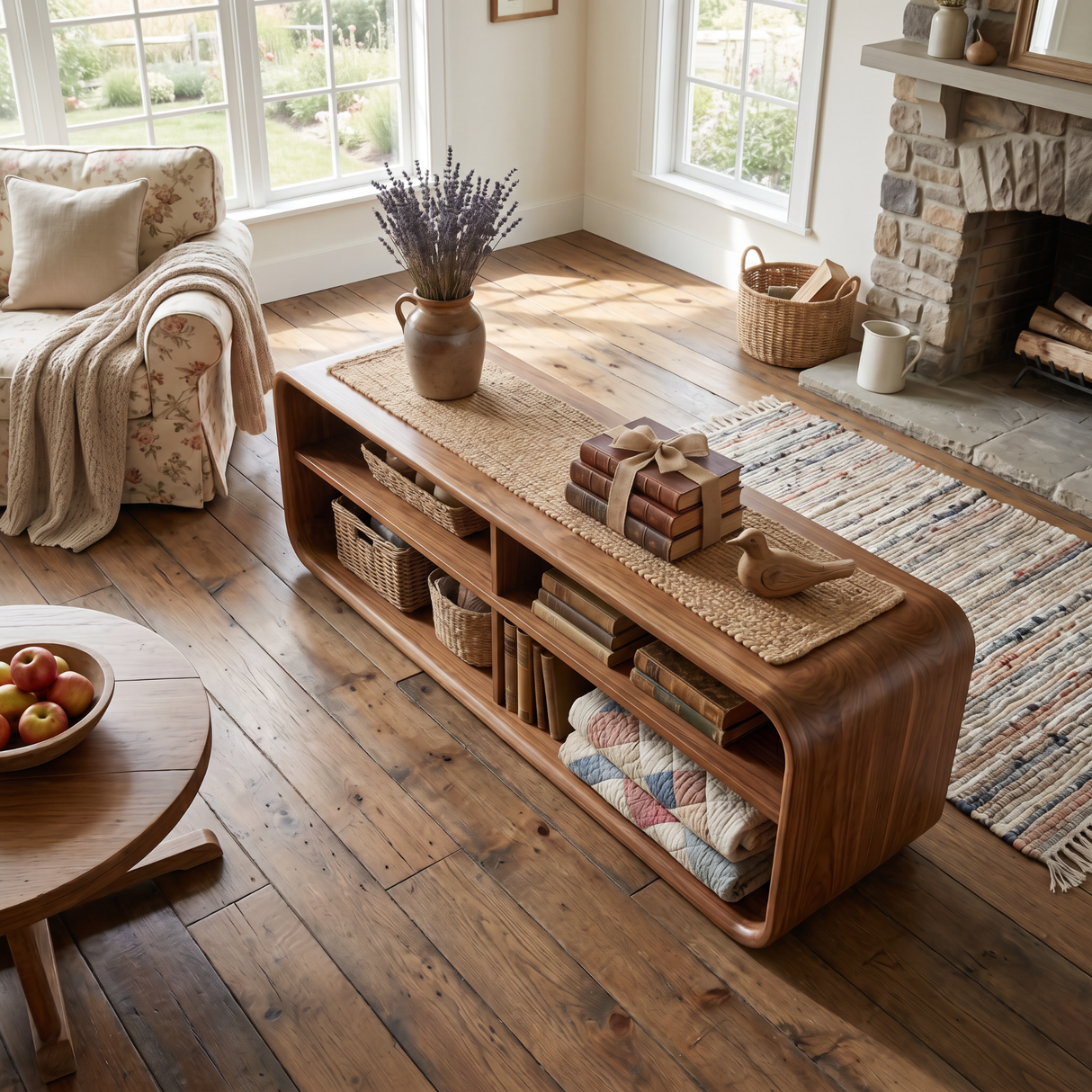 Sculptural Solid Wood TV Console with Open Shelling for Living Room