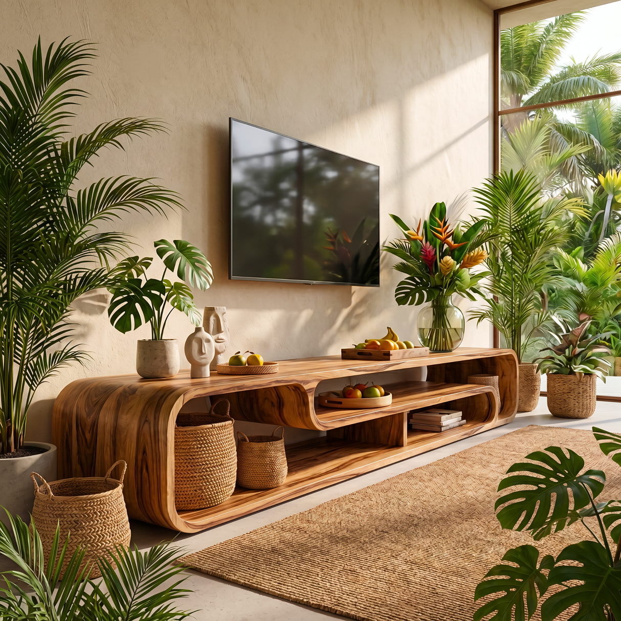 Organic Solid Wood TV Console with Rounded Open Shelves for Living Room
