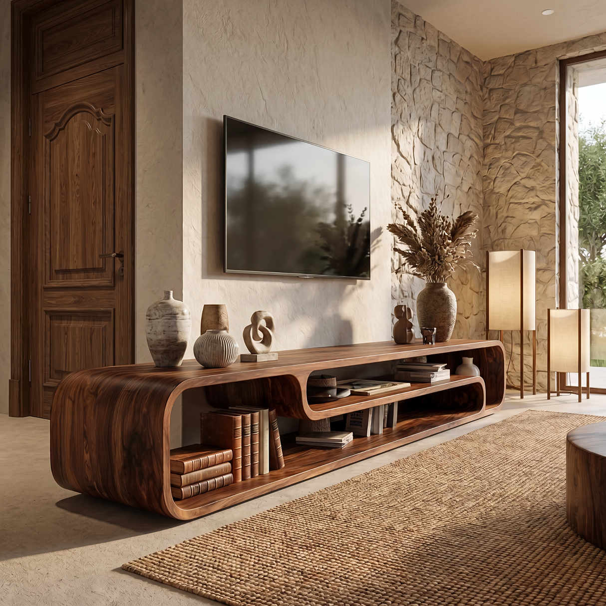 Organic Solid Wood TV Console with Rounded Open Shelves for Living Room