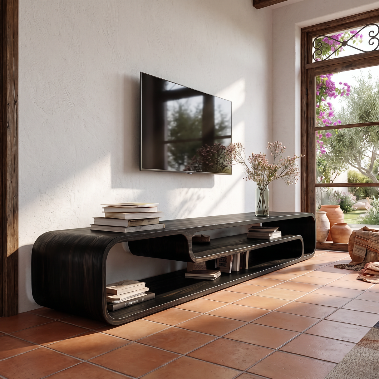Organic Solid Wood TV Console with Rounded Open Shelves for Living Room