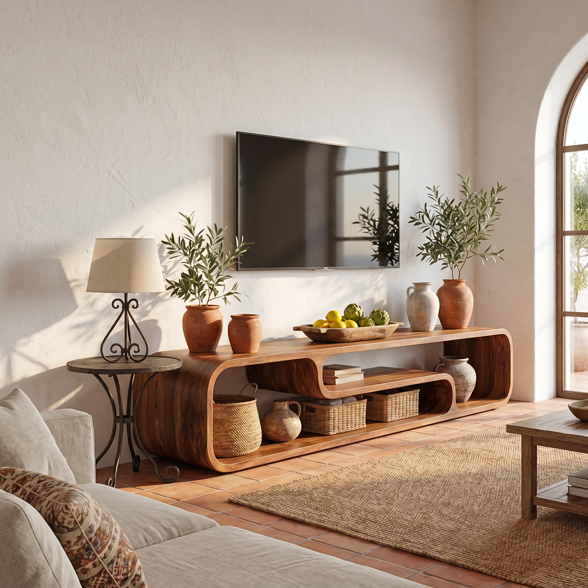 Organic Solid Wood TV Console with Rounded Open Shelves for Living Room