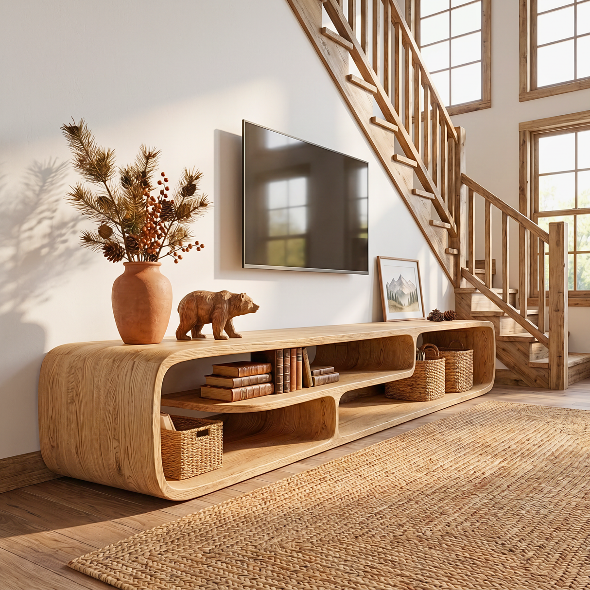 Sculptural Solid Wood TV Stand with Flowing Open Storage for Living Room