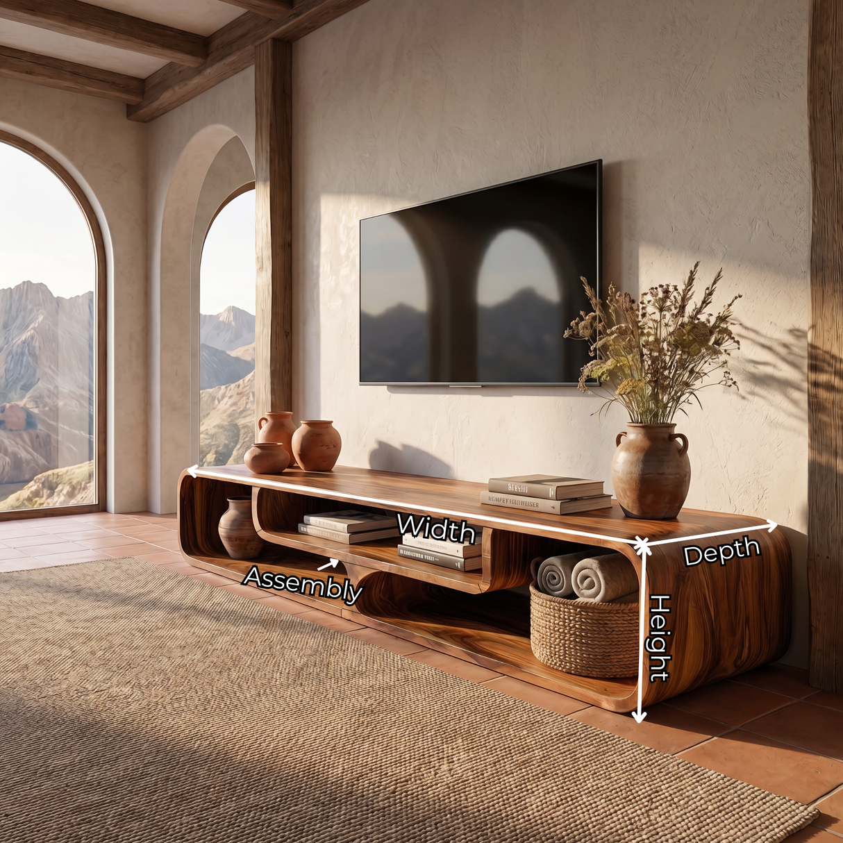 Sculptural Solid Wood TV Console with Curved Open Compartments