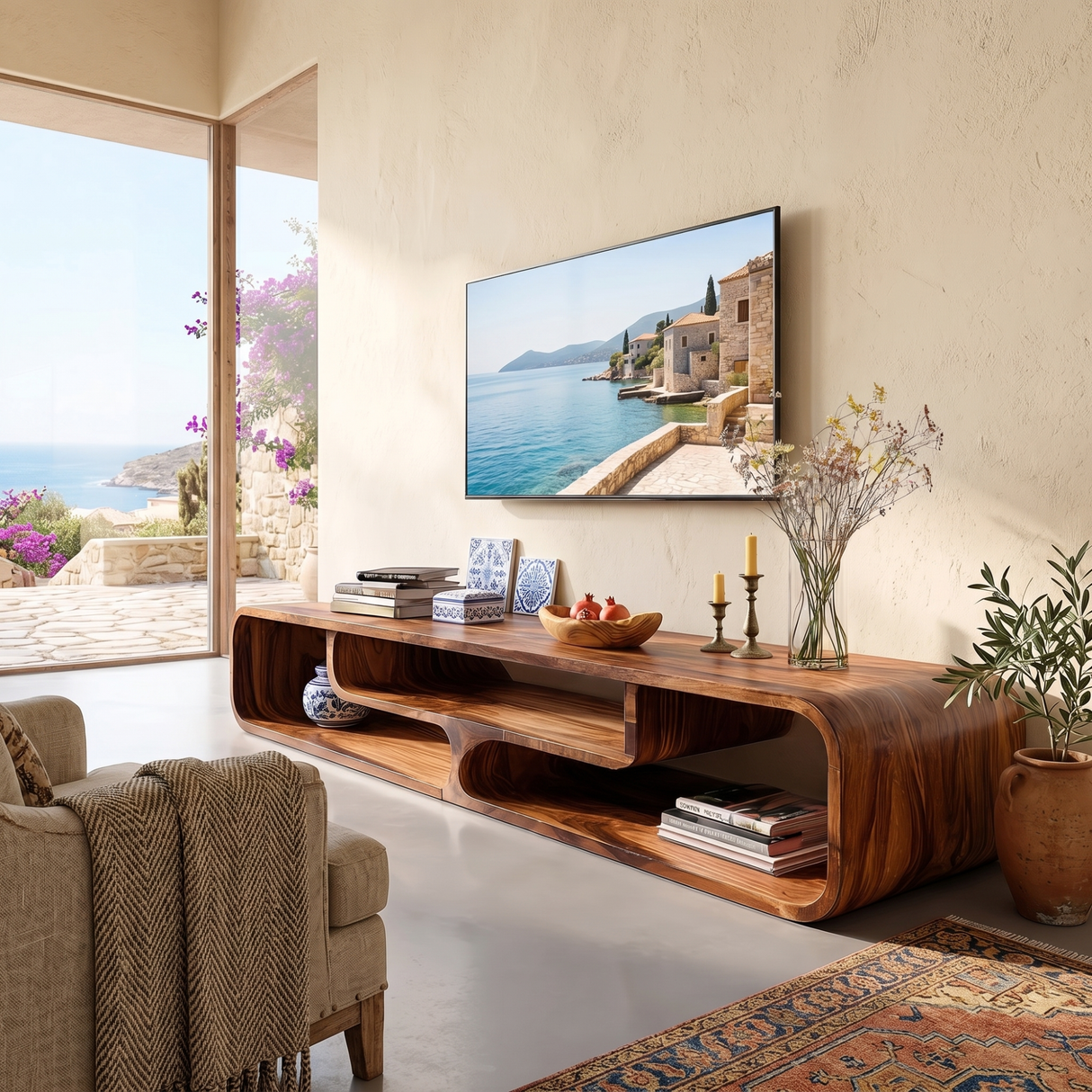 Sculptural Solid Wood TV Console with Curved Open Compartments