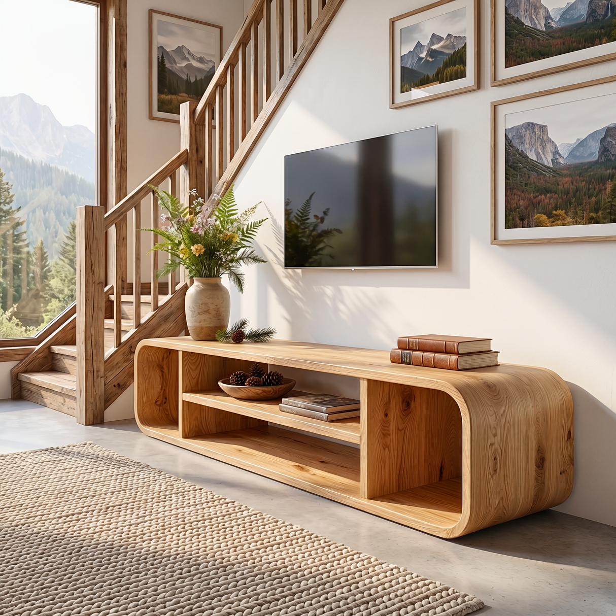 Solid Wood TV Cabinet with Rounded Open Shelf Design for Living Room