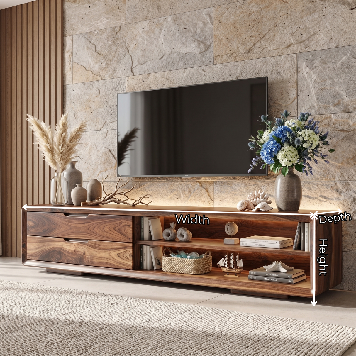 Solid Wood TV Cabinet with Rounded Frame and Display Shelves