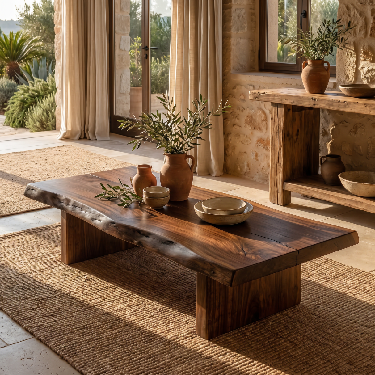Solid Wood Coffee Table with Live Edge Top for Living Room