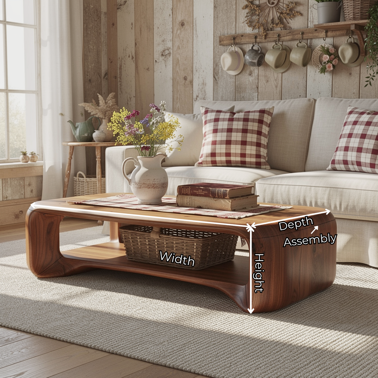 Solid Wood Coffee Table with Rounded Frame and Open Shelf