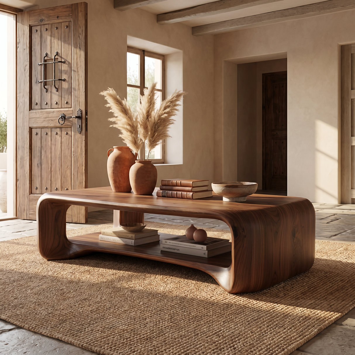 Solid Wood Coffee Table with Rounded Frame and Open Shelf