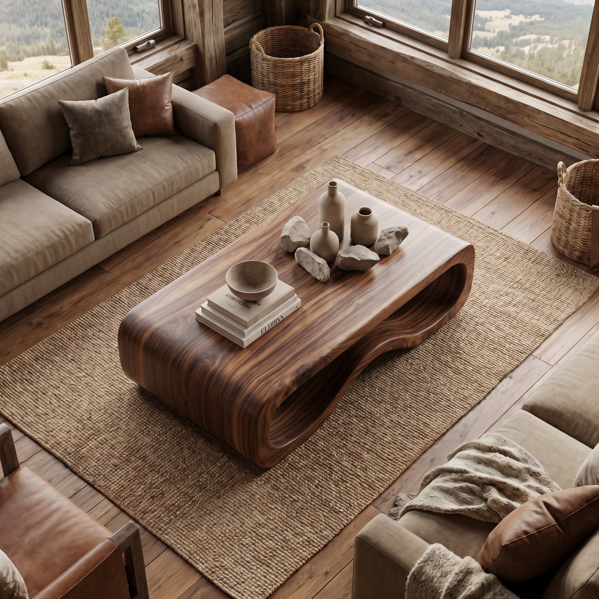 Organic Solid Wood Coffee Table with Sculptural Wave Base