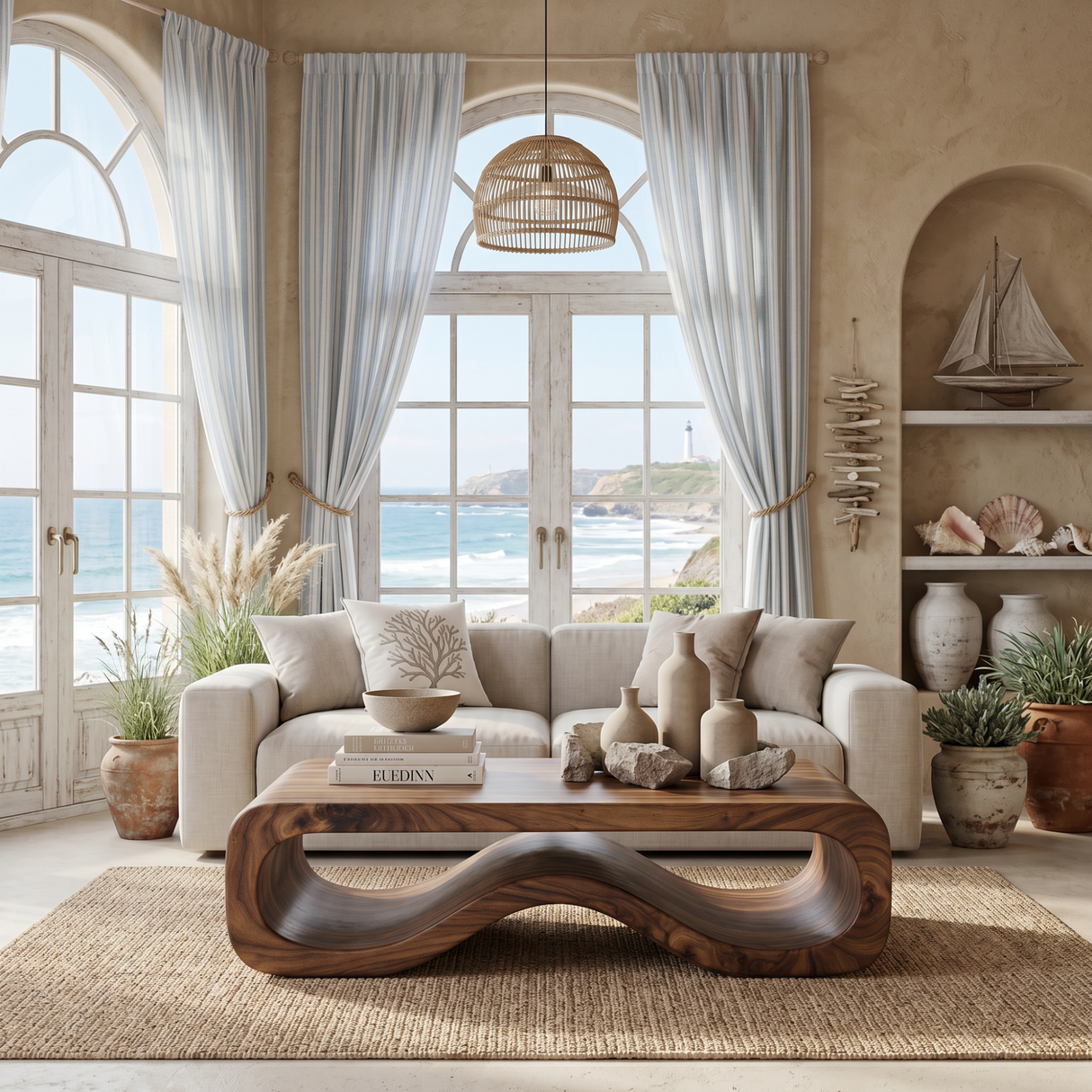 Organic Solid Wood Coffee Table with Sculptural Wave Base