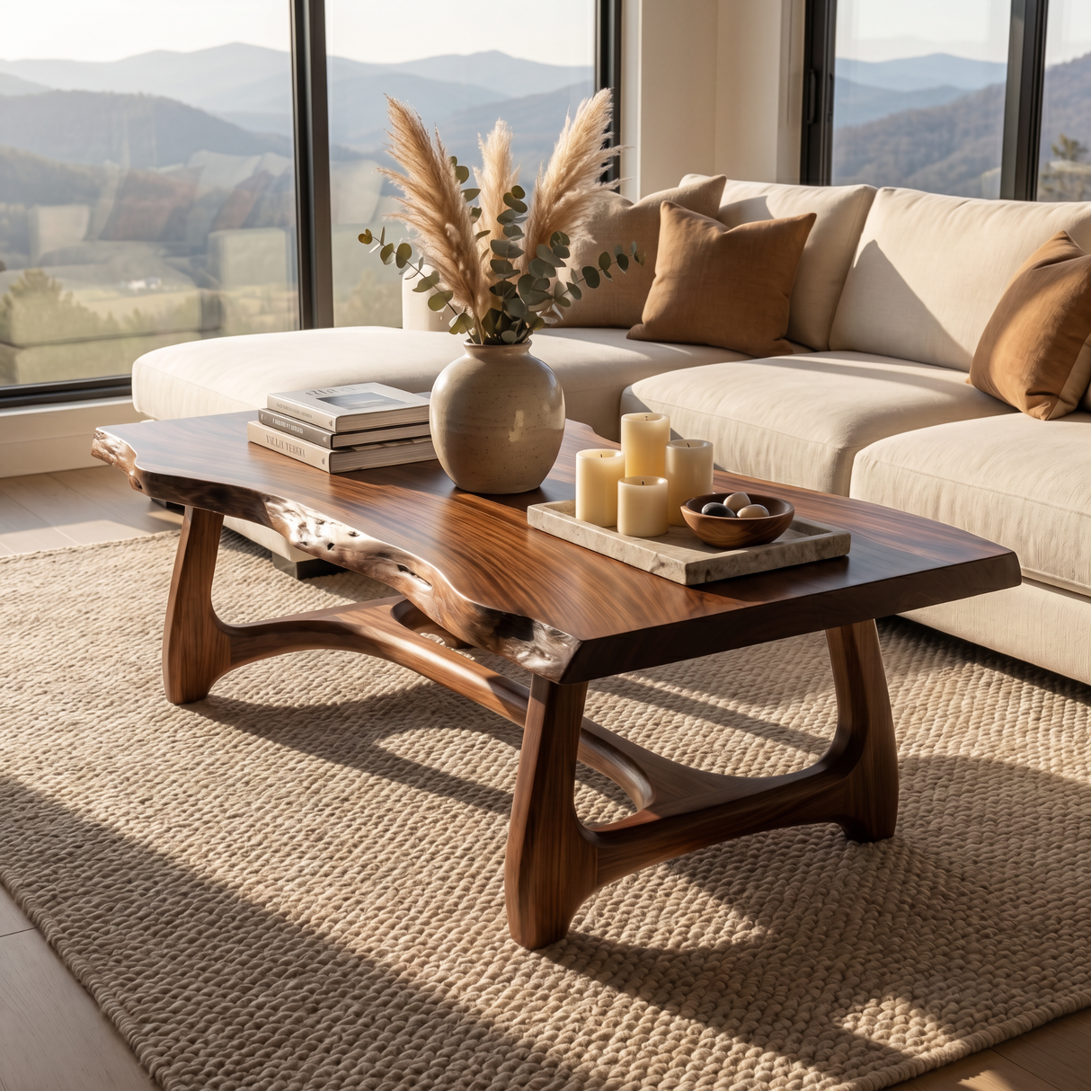 Live Edge Solid Wood Coffee Table with Sculptural Base