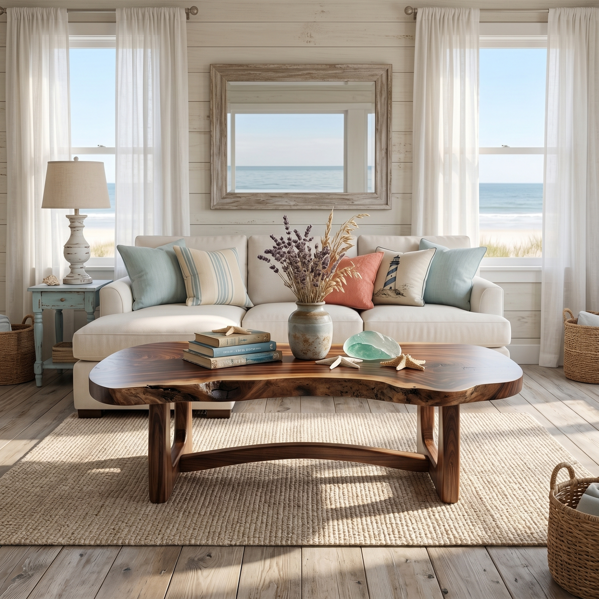 Organic Solid Wood Coffee Table with Asymmetrical Live Edge Top