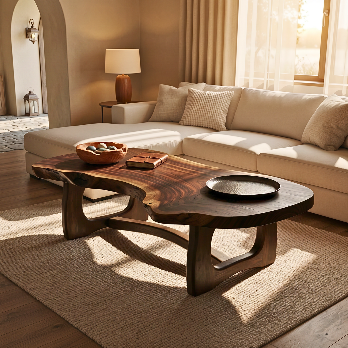 Organic Solid Wood Coffee Table with Asymmetrical Live Edge Top