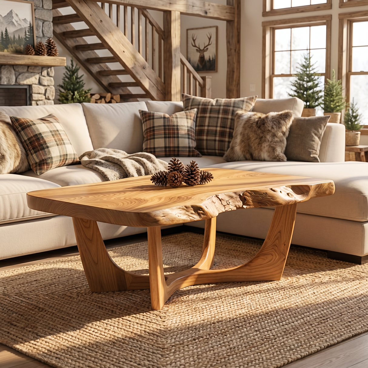 Solid Wood Coffee Table with Natural Edge Detail and Sculptural Base