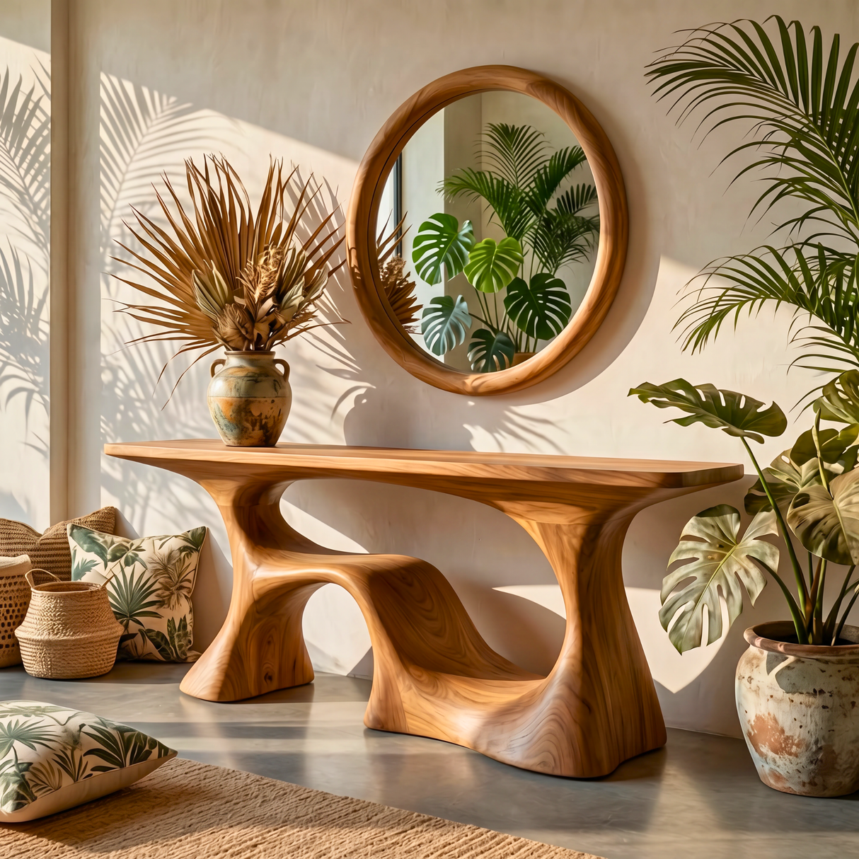 Organic Solid Wood Console Table with Sculptural Open Base