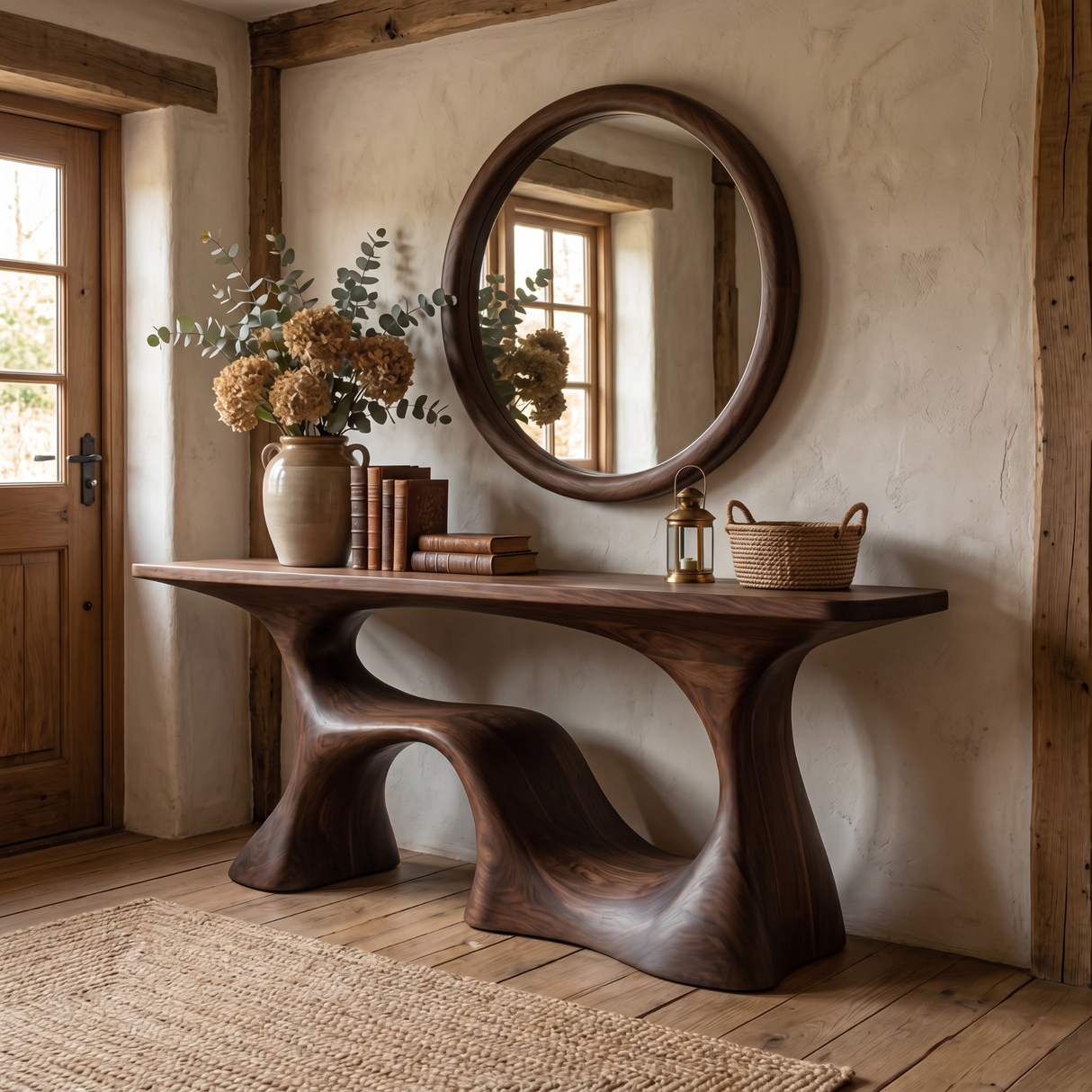 Organic Solid Wood Console Table with Sculptural Open Base