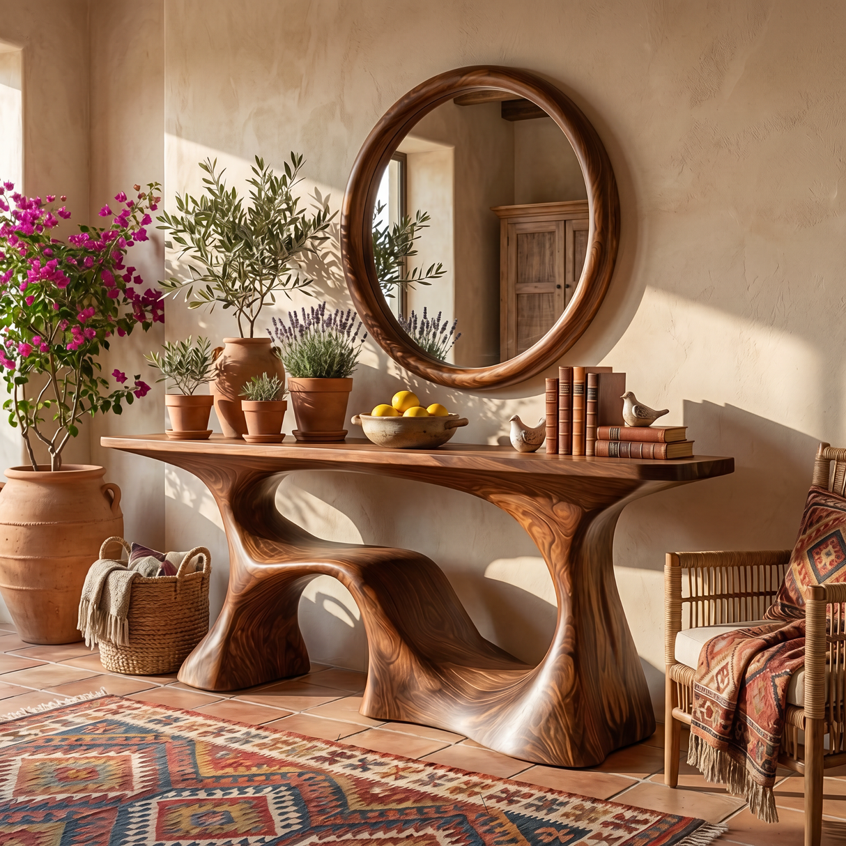 Organic Solid Wood Console Table with Sculptural Open Base