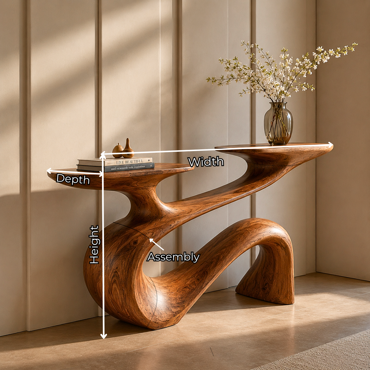 Sculptural Solid Wood Console Table with Flowing Curved Form
