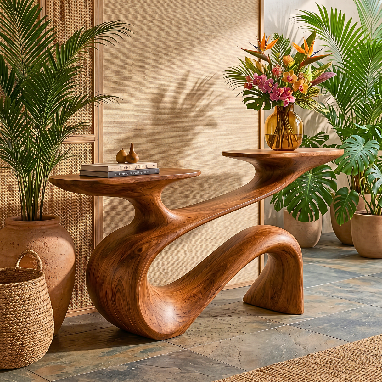 Sculptural Solid Wood Console Table with Flowing Curved Form
