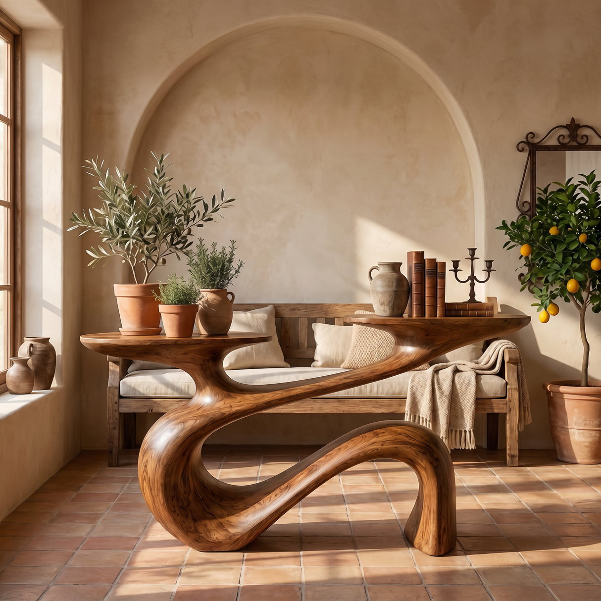 Sculptural Solid Wood Console Table with Flowing Curved Form