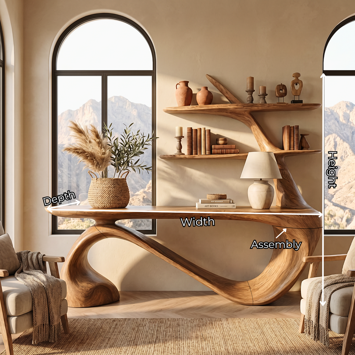 Organic Solid Wood Console Table with Integrated Sculptural Shelves