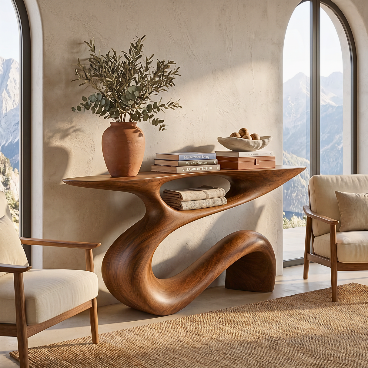 Solid Wood Console Table with Flowing Open Sculptural Base