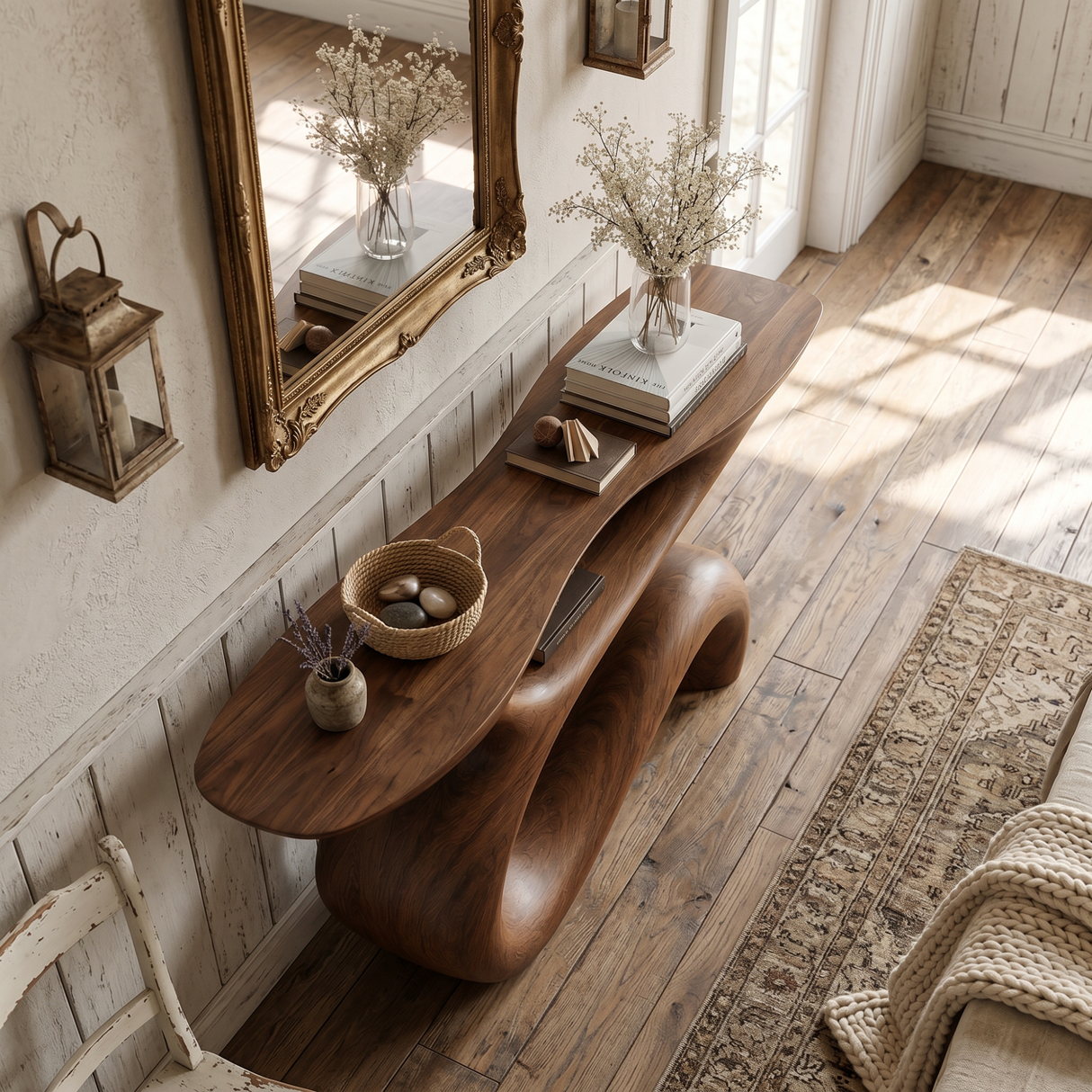 Solid Wood Console Table with Flowing Open Sculptural Base