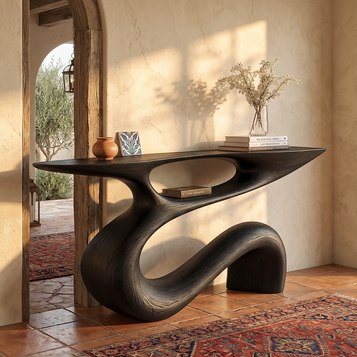 Solid Wood Console Table with Flowing Open Sculptural Base
