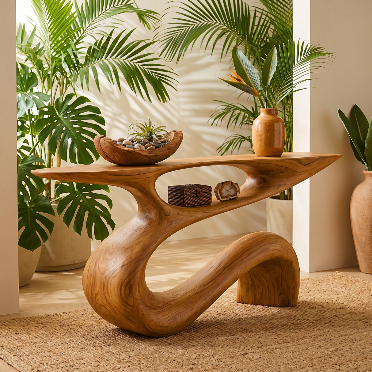 Solid Wood Console Table with Flowing Open Sculptural Base