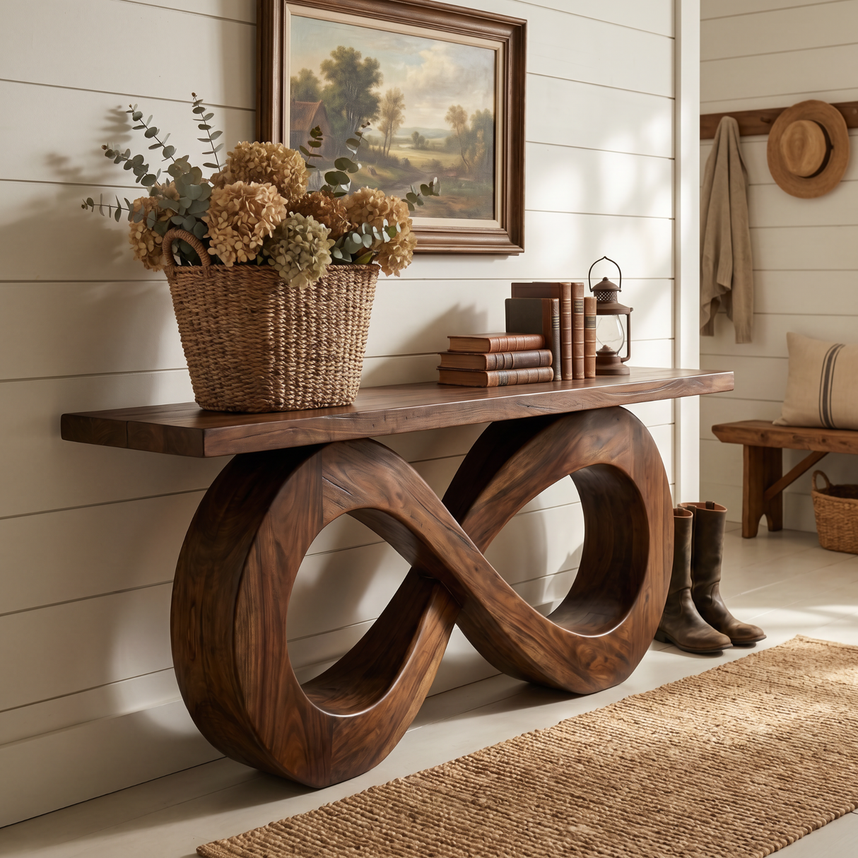 Solid Wood Console Table with Double Loop Sculptural Base