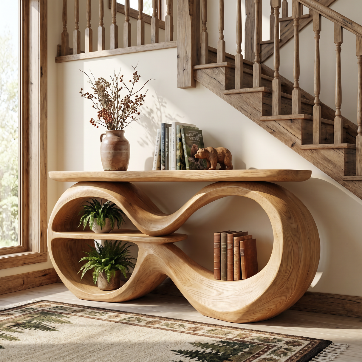 Solid Wood Console Table with Infinity Loop Base and Display Shelf