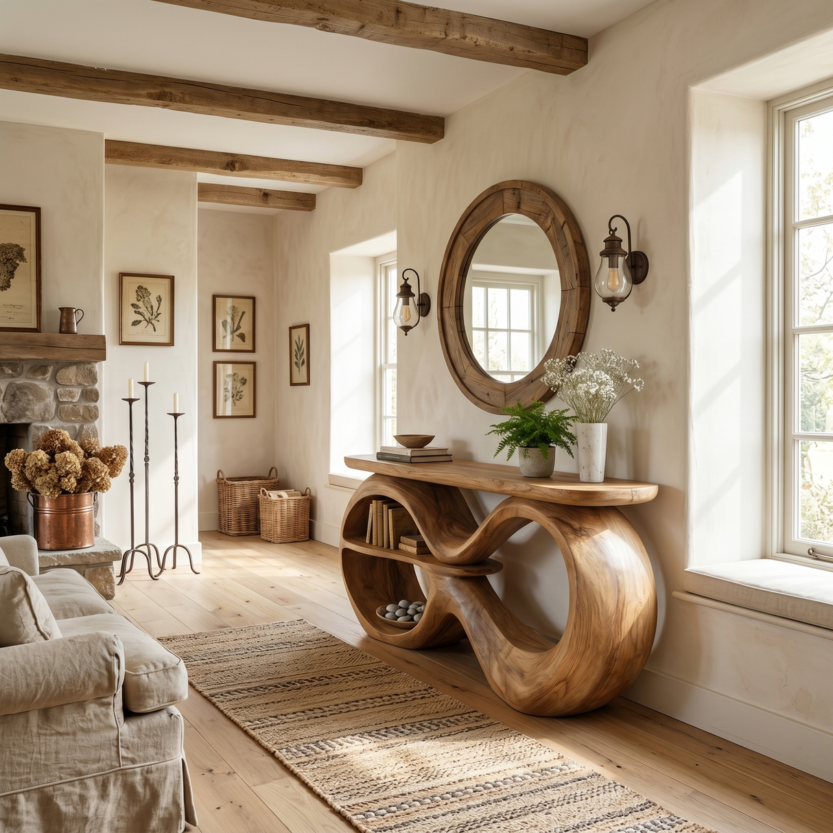 Solid Wood Console Table with Infinity Loop Base and Display Shelf