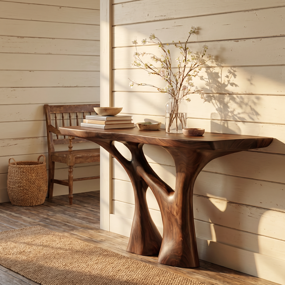 Solid Wood Console Table with Organic Open Carved Base